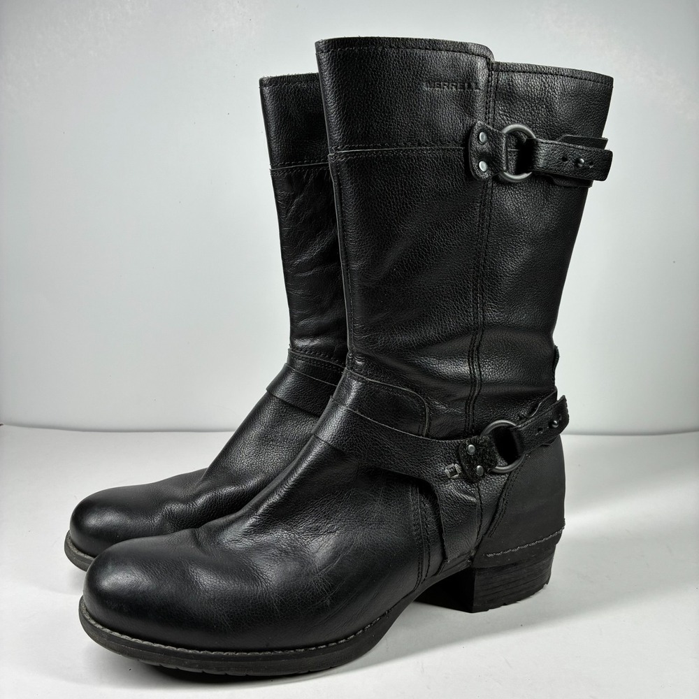 Merrell Shiloh Peak Women's 11 Black Leather Mid-Calf Harness Moto Boots J69924